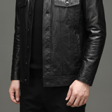 Men's black cowhide leather trucker jacket, cuff detail