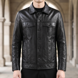 Men's black cowhide leather trucker jacket, lifestyle view