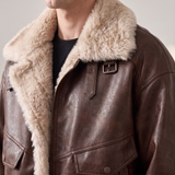 Men's brown faux leather aviator jacket with faux fur collar, collar detail