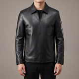 Men's black goatskin leather jacket, studio front view