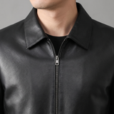Men's black goatskin leather jacket, collar detail