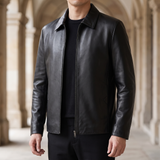 Men's black goatskin leather jacket, three-quarter lifestyle view