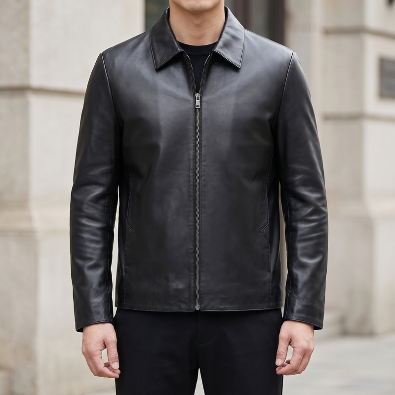 Men's black goatskin leather jacket, front lifestyle view