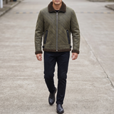 Men's Letter-Pattern Fleece-Collar Zip Jacket, olive, full-body lifestyle