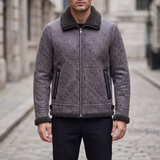 Men's Letter-Pattern Fleece-Collar Zip Jacket, charcoal purple, front lifestyle