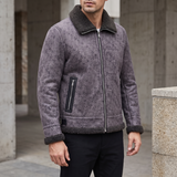 Men's Letter-Pattern Fleece-Collar Zip Jacket, charcoal purple, three-quarter lifestyle