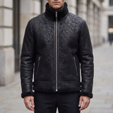 Men's Letter-Pattern Fleece-Collar Zip Jacket, black, front lifestyle