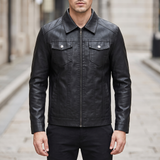 Men's black faux leather trucker jacket, front lifestyle