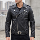 Men's Sheepskin Leather Belted Biker Jacket, black, three-quarter lifestyle