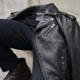 Men's Sheepskin Leather Belted Biker Jacket, black, collar detail