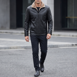 Men's Faux Leather Fleece-Collar Jacket with Shoulder Panels, black, full-body lifestyle