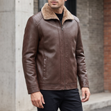 Men's Faux Leather Fleece-Collar Jacket with Shoulder Panels, brown, three-quarter lifestyle