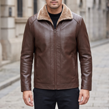 Men's Faux Leather Fleece-Collar Jacket with Shoulder Panels, brown, front lifestyle