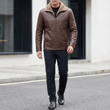 Men's Faux Leather Fleece-Collar Jacket with Shoulder Panels, brown, full-body lifestyle