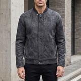 Men's charcoal faux leather bomber jacket, three-quarter lifestyle