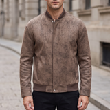 Men's coffee brown faux leather bomber jacket, front lifestyle