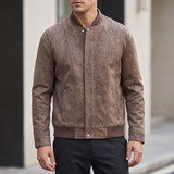 Men's coffee brown faux leather bomber jacket, three-quarter lifestyle