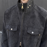 Men's Faux Leather Utility Jacket with Zip Chest Pockets, charcoal, collar detail