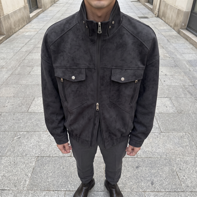 Men's Faux Leather Utility Jacket with Zip Chest Pockets, charcoal, front lifestyle