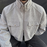 Men's Faux Leather Utility Jacket with Zip Chest Pockets, light gray, collar detail