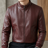 Men's Textured Faux Leather Racer Jacket with Ribbed Cuffs, burgundy, collar detail