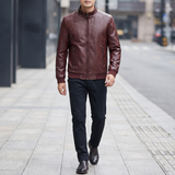 Men's Textured Faux Leather Racer Jacket with Ribbed Cuffs, burgundy, full-body lifestyle