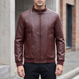 Men's Textured Faux Leather Racer Jacket with Ribbed Cuffs, burgundy, three-quarter lifestyle
