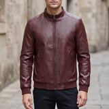 Men's Textured Faux Leather Racer Jacket with Ribbed Cuffs, burgundy, front lifestyle
