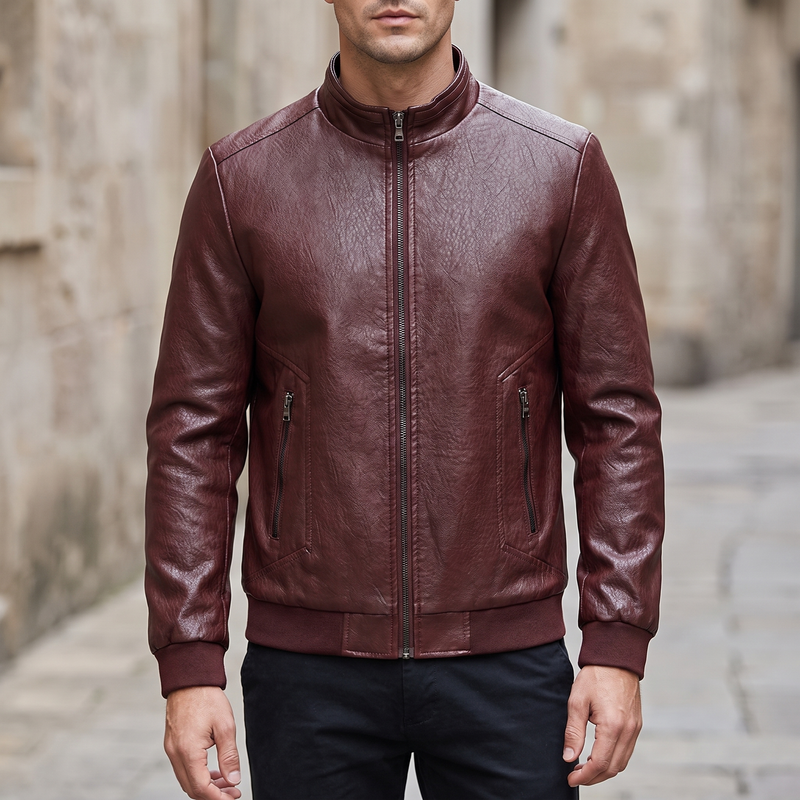 Men's Textured Faux Leather Racer Jacket with Ribbed Cuffs, burgundy, front lifestyle