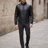 Men's Textured Faux Leather Racer Jacket with Ribbed Cuffs, black, front lifestyle