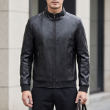 Men's Textured Faux Leather Racer Jacket with Ribbed Cuffs, black, three-quarter lifestyle