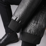 Men's Textured Faux Leather Racer Jacket with Ribbed Cuffs, black, cuff detail