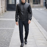 Men's Textured Faux Leather Racer Jacket with Ribbed Cuffs, black, full-body lifestyle