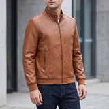 Men's Textured Faux Leather Racer Jacket with Ribbed Cuffs, cognac, three-quarter lifestyle
