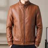 Men's Textured Faux Leather Racer Jacket with Ribbed Cuffs, cognac, collar detail