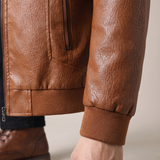 Men's Textured Faux Leather Racer Jacket with Ribbed Cuffs, cognac, cuff detail