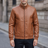 Men's Textured Faux Leather Racer Jacket with Ribbed Cuffs, cognac, front lifestyle