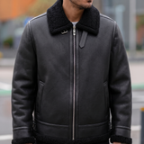 Men's Faux Leather Aviator Jacket with Fleece Trim, black, collar detail