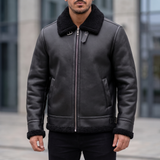 Men's Faux Leather Aviator Jacket with Fleece Trim, black, three-quarter lifestyle