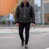 Men's Faux Leather Aviator Jacket with Fleece Trim, black, full-body lifestyle
