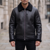 Men's Faux Leather Aviator Jacket with Fleece Trim, black, front lifestyle