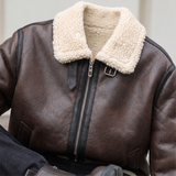 Men's Faux Leather Aviator Jacket with Fleece Trim, brown, collar detail