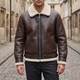 Men's Faux Leather Aviator Jacket with Fleece Trim, brown, front lifestyle