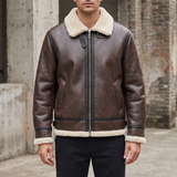 Men's Faux Leather Aviator Jacket with Fleece Trim, brown, three-quarter lifestyle