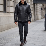Men's Faux Leather Winter Jacket with Buckle Collar, black, full-body lifestyle
