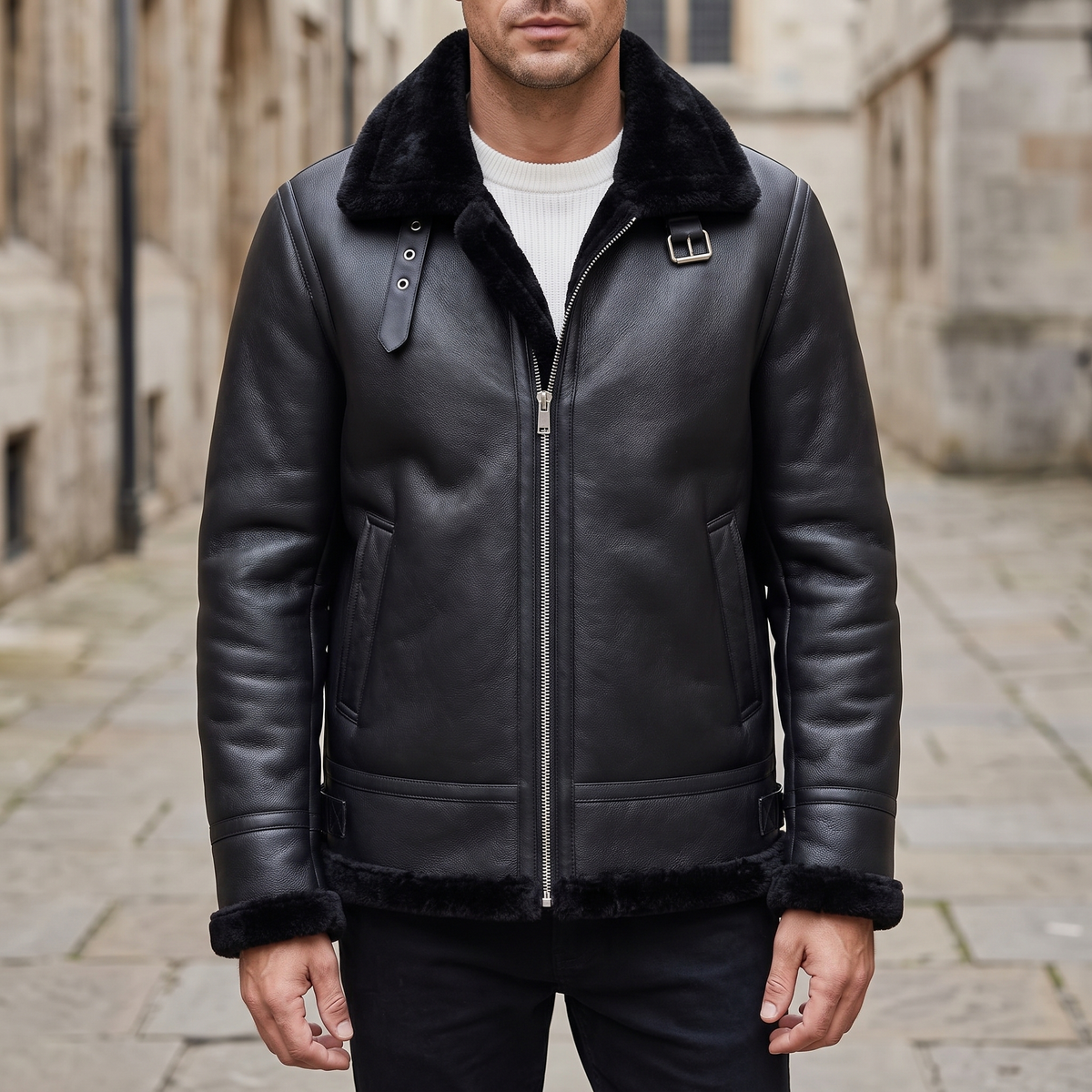 Men's Faux Leather Winter Jacket with Buckle Collar, black, front lifestyle