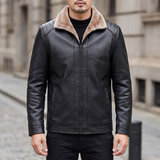 Men's Faux Leather Fleece-Collar Jacket with Shoulder Panels, black, front lifestyle