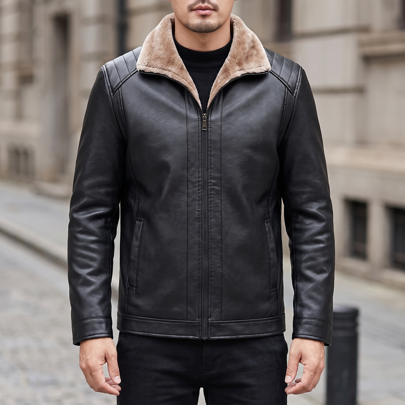 Men's Faux Leather Fleece-Collar Jacket with Shoulder Panels, black, front lifestyle