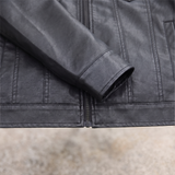 Men's black faux leather trucker jacket, cuff detail