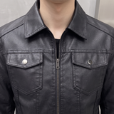 Men's black faux leather trucker jacket, collar detail